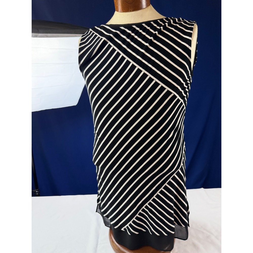 White House Black Market Striped Sleeveless Tunic Top Black White XS Layered Hem